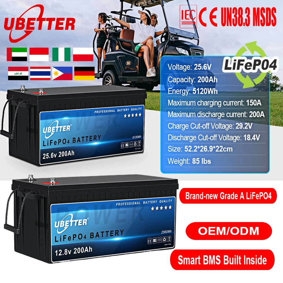Ubetter EU Stock 24V/12V LiFePO4 Battery Pack 100Ah-400Ah Solar Energy Storage BMS Deep Cycle Waterproof 4000 Cycles