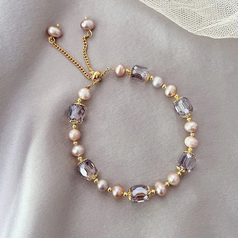 Wholesale Genuine Natural Freshwater Pearl Bead Glass Crystal Charm Beads Adjustable Pure Handmade Bracelet Jewelry Ins