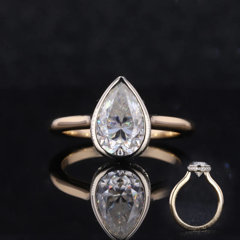 1ct Pear Moissanite Bezel Ein Reiner Ring Two Tone Gold Rings Starsgem Bague Moissanite Engagement Ring Jewelry