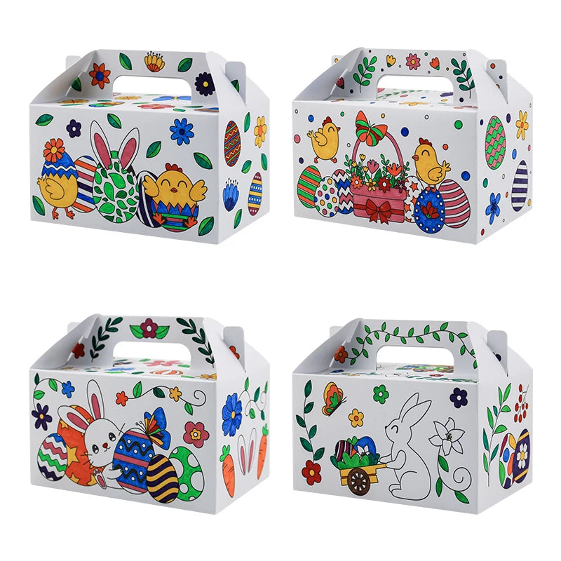 Happy Easter Kraft Recyclable Gift Box Marker Pens Bunny Eggs Diy Handle Candy Goodies Party Favour Supply Kids Decoration