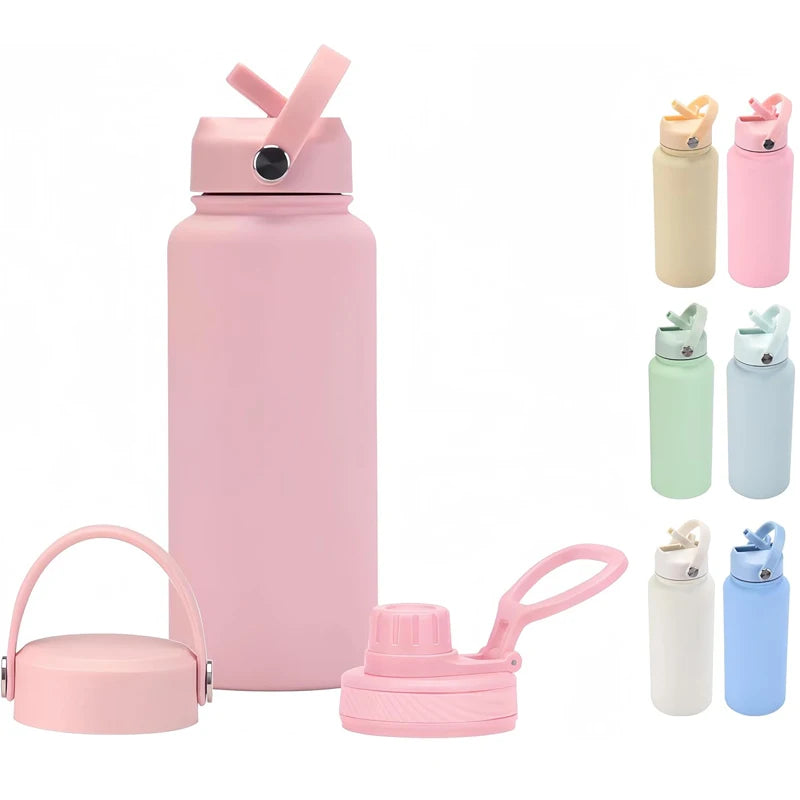 1L Insulated Water Bottle With Flip Straw 32OZ Stainless Steel Sports Water Cup Flask with 3 Lids Wide Mouth Travel Thermal Mug