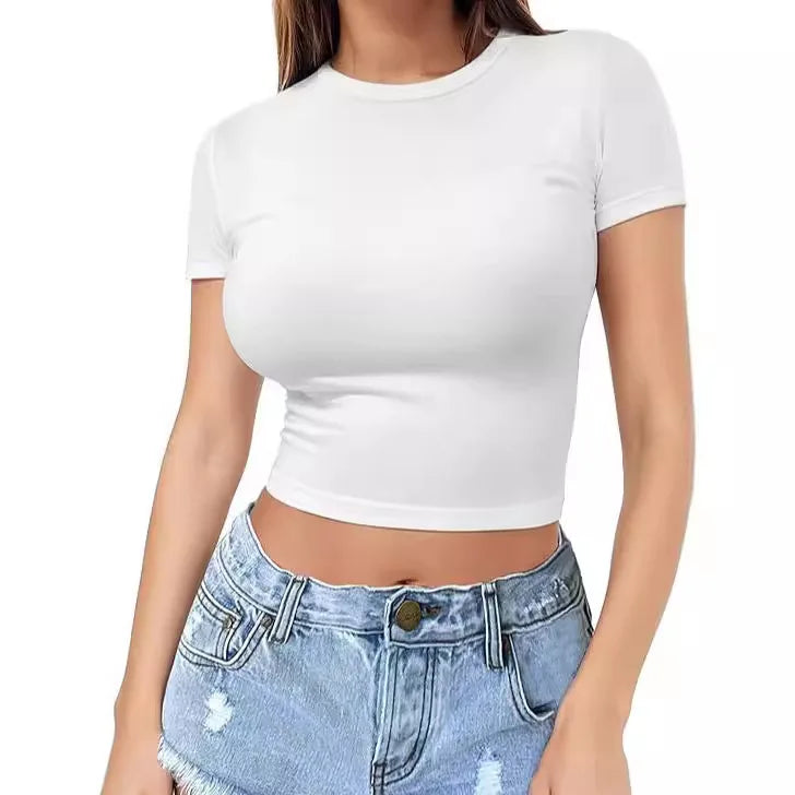 Fashionable Women's Summer Croptop T-Shirt Customizable Casual Solid Knitted Poleras Femme Camiseta Camisa De Mujer Short Tops