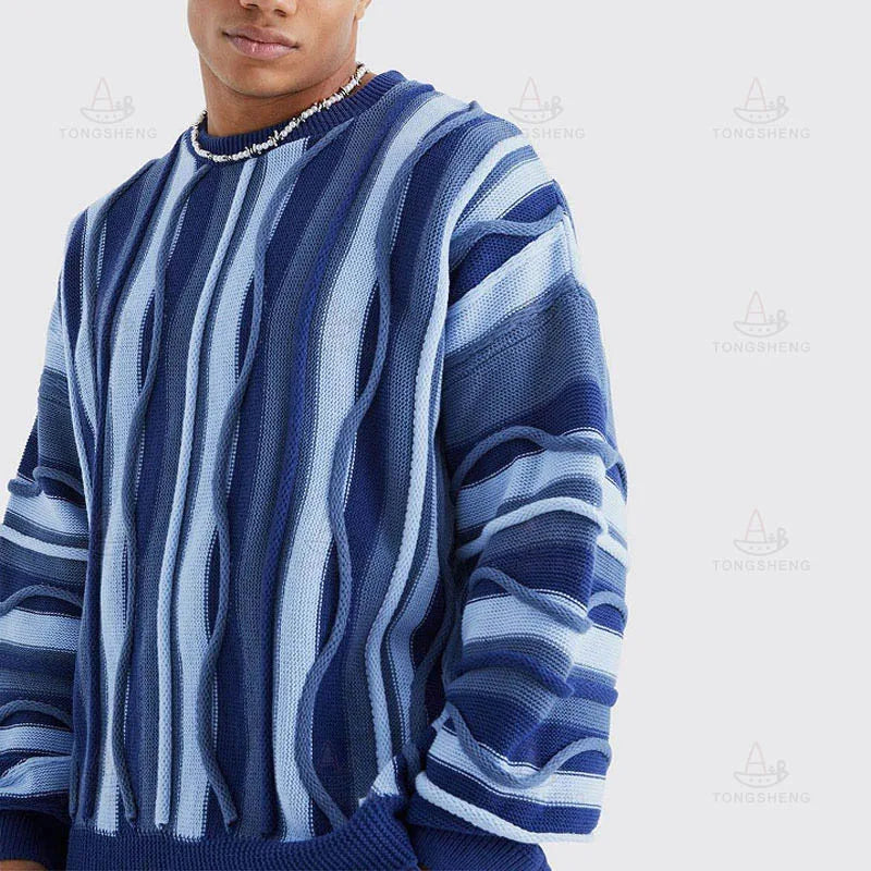 High Quality Blue Stripe Crew Neck Jacquard Knitwear Long Sleeves Winter Sweater Mens Vertical Stripe Sweater