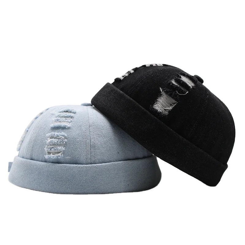 Adjustable Male Hip Hop Skull Cap Distressed Docker Beret Beanie Hats Washed Denim Melon Caps for Sports Parties Beret Style