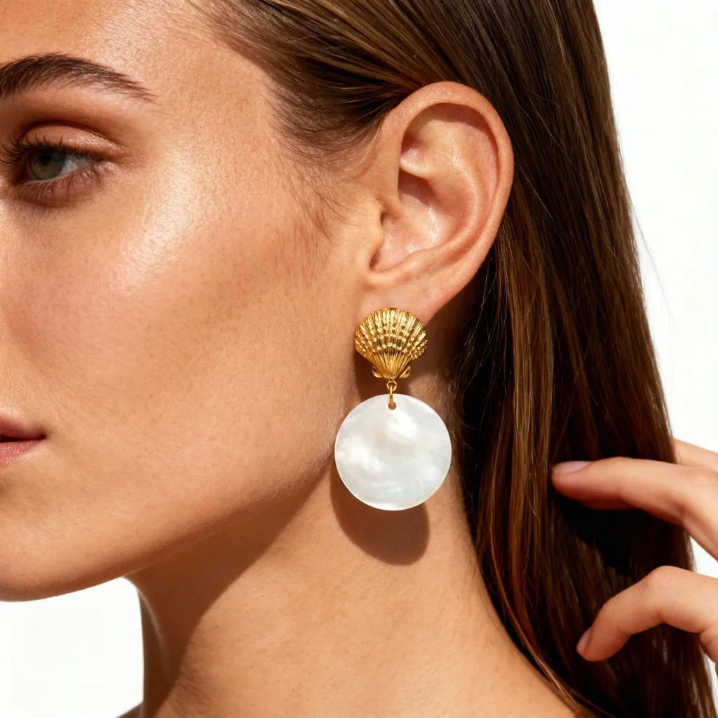 Simple 18K Gold Plated Drop Earrings Non-Fading Shell Pendant Stainless Steel Hoop Earrings