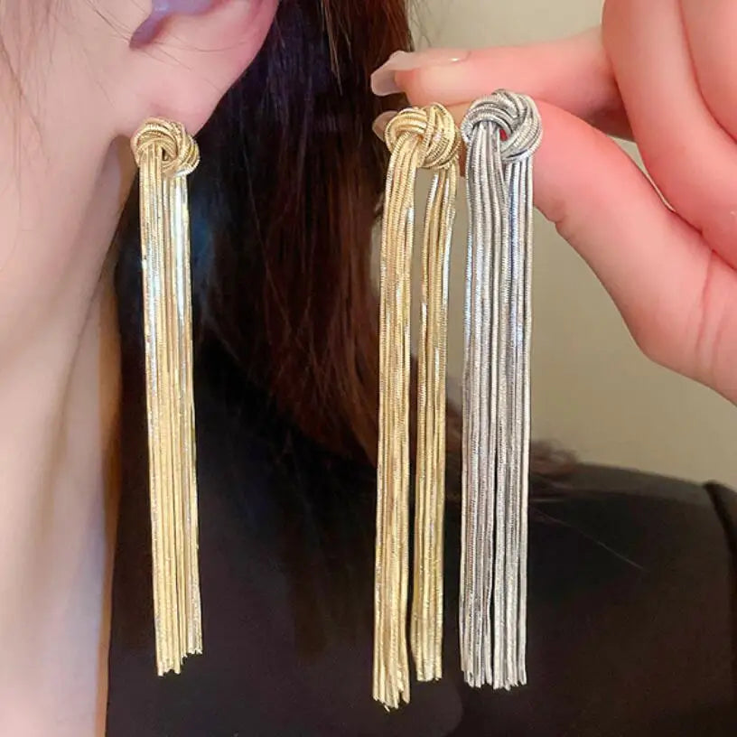 New Products Fashion Jewelry Silver Needle Metal Style Knotted Tassel Earrings Multi Layer Gold/silver love Chain Long Earrings