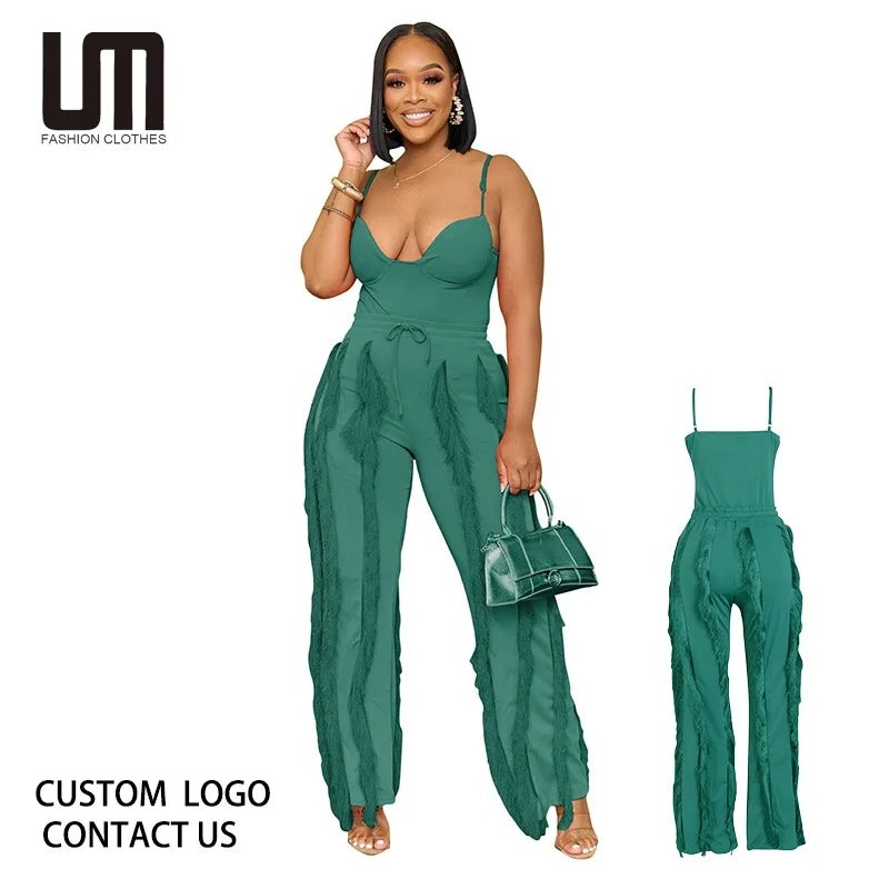 Liu Ming Custom Logo Fashion Cami Tassel Sexy Spaghetti Straps Bodysuits Tops Drawstring Fringed Pants 2 Piece Set