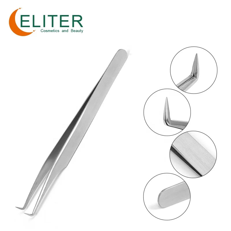 ELITER Stock 90 Degree Stainless Steel Eyelash Extension Tweezers L-Shape Case Silver Color Fiber and Volume Tips