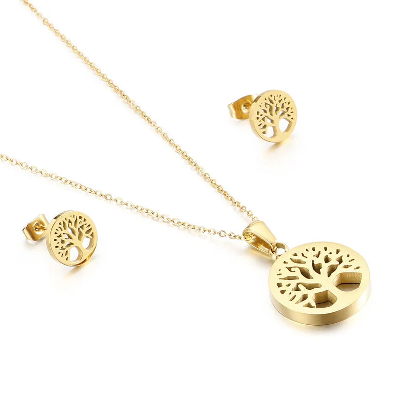 Stainless Steel 18k Gold Waterproof Plated Acero Inoxidable Tree of Life Pendant Necklace Earrings Jewelry Gift Set