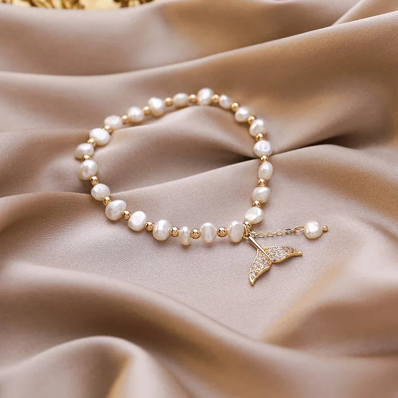 Simple Sweet Mermaid Tail Freshwater Pearl Bracelet Gold Plated Charm Bracelets for Gift Party Wedding