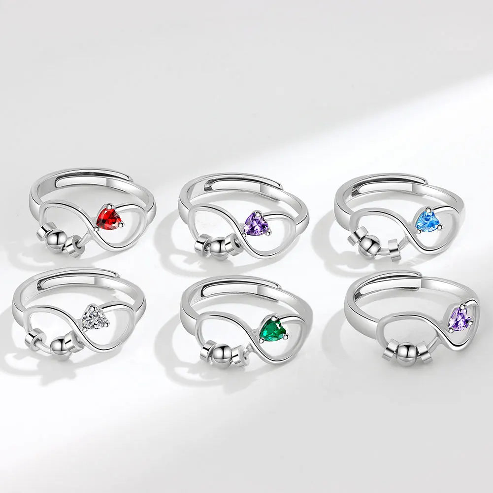 G3796 Wholesale Rotating Beads Copper Cubic Zirconia Heart Fidget Ring Jewelry Stress Relief Anti-Anxiety 12 Birthstone Ring