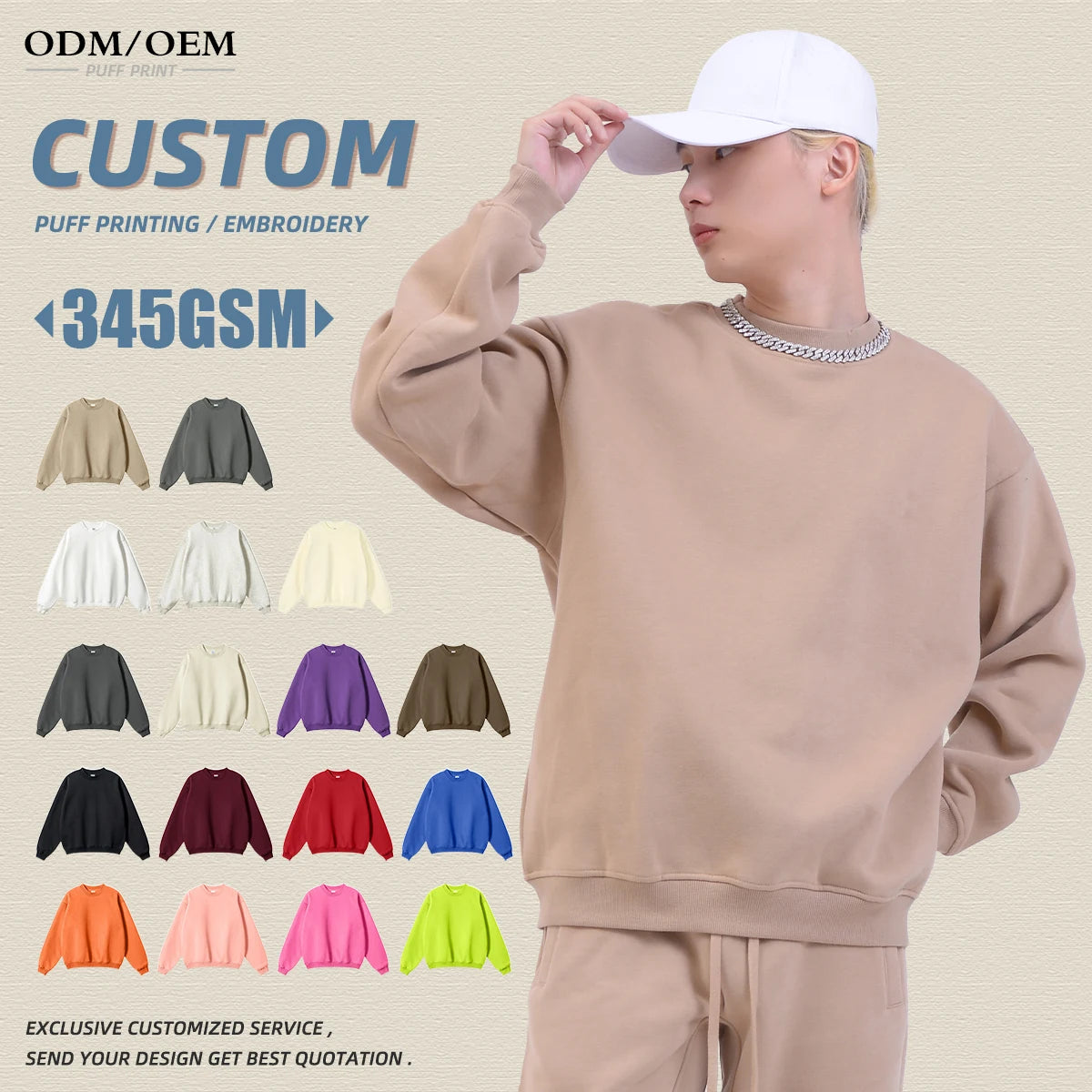 Custom 345G GSM Drop Shoulder Fleece Oversized Hoodie Men Blank OEM Puff Print Mens Hoodie Sweatshirt