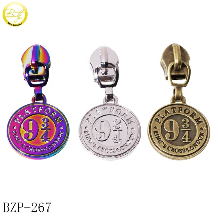 Personalized Round logo Nylon Head Zipper Tags Creative Design Handbag Accessory Brand Metal Puller Charms