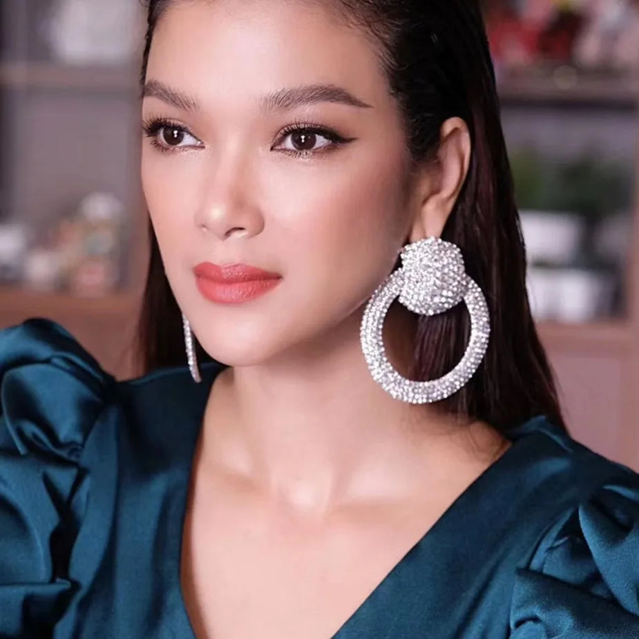 Big Brand Designer Full Diamond Fashion Vintage Alloy Rhinestone Geometric Statement Hoops Dangle Earrings for Women