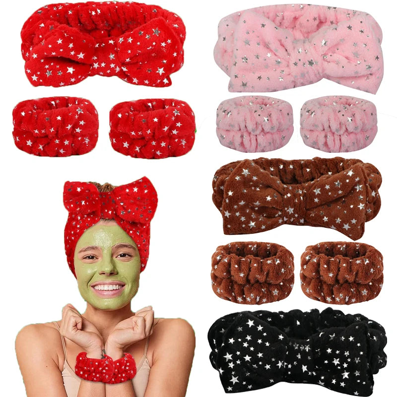 Star Bow Makeup Wrist Bands Skin Care Skincare Spa Face Wash Headband Wristband Set for Washing Face