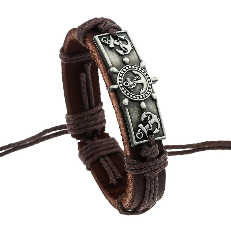 Wholesale Vintage Genuine Leather Bracelet Handmade Rope Bangle Metal Rudder and Anchor Bracelet for Men