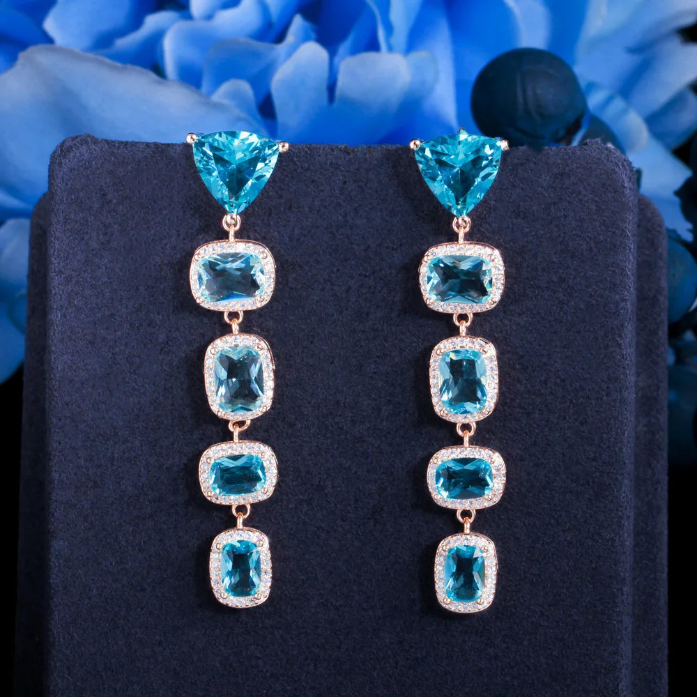 Shiny Light Blue Cubic Zirconia Crystal Dangle Long Drop Earrings for Women New Trendy Brazilian Gold Plated Jewelry