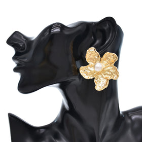 Gold Silver Big Statement Flower Stud Earrings Faux Pearl Floral Earrings for Women
