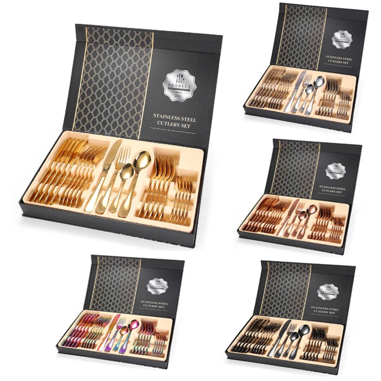 Wholesale  Golden Cutlery Set Stainless Steel Knife Fork Spoon Gold Flatware Cubiertos with Gift Box