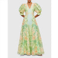 Sweet Pastoral Style 2023 New Eco-Friendly Woven Natural V-neck Puff Sleeve Breathable Floral Printed Women's Long A-line Dress