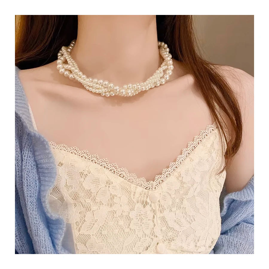 Korean Jewelry 5-6mm 925 Sterling Silver Multilayer Necklace White Pearl Choker Necklace
