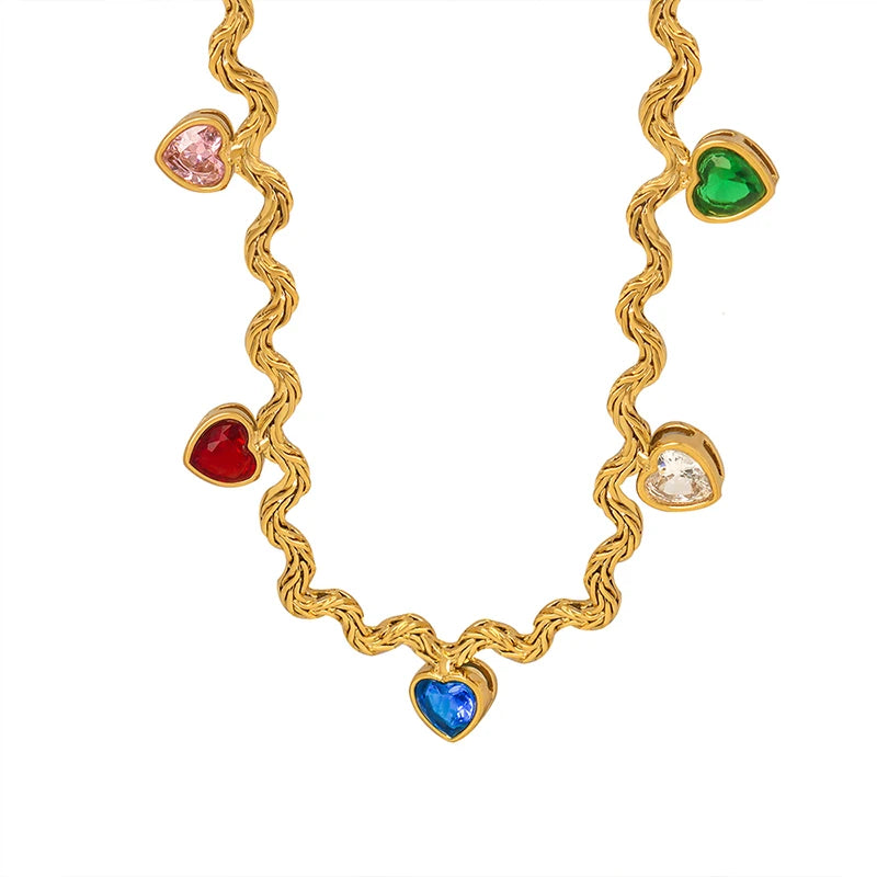Fashion Zircon Heart Twisted Rope Chain Necklaces Irregular Stainless Steel Necklace for Women
