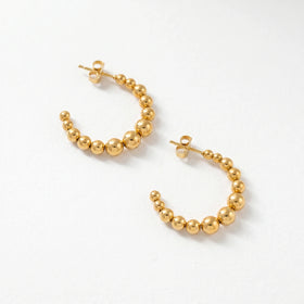 QIAOREN 12416 Elegant Quiet Luxury Spherical Hoop Earrings Gold Stainless Steel Sleek Graduated Beads C-Shaped Statement Studs