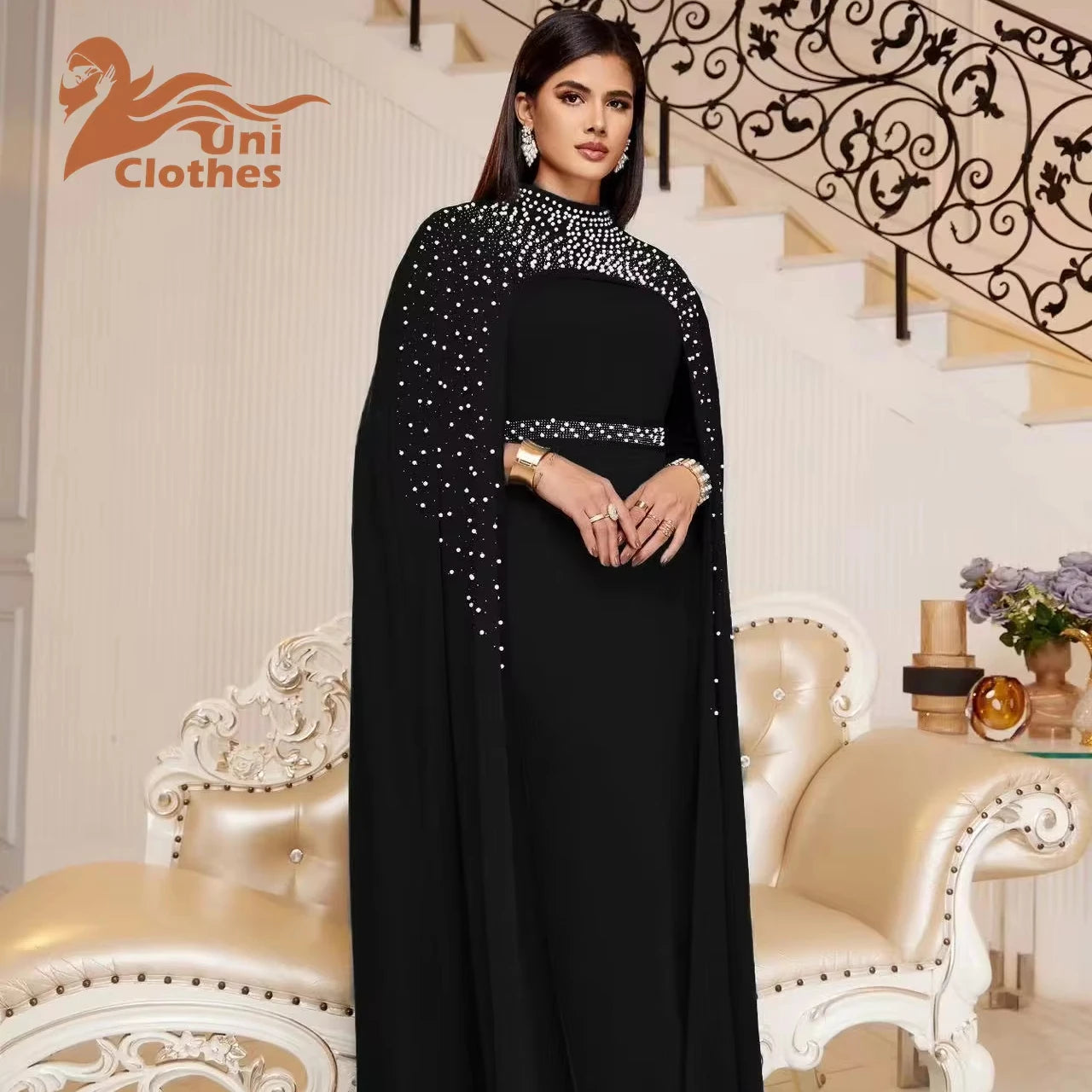 Fashion Chic Solid Beading Fake Cloak Belted Hip Dress Saudi Women Abayas Jalabiyat Moroccan African Outfits