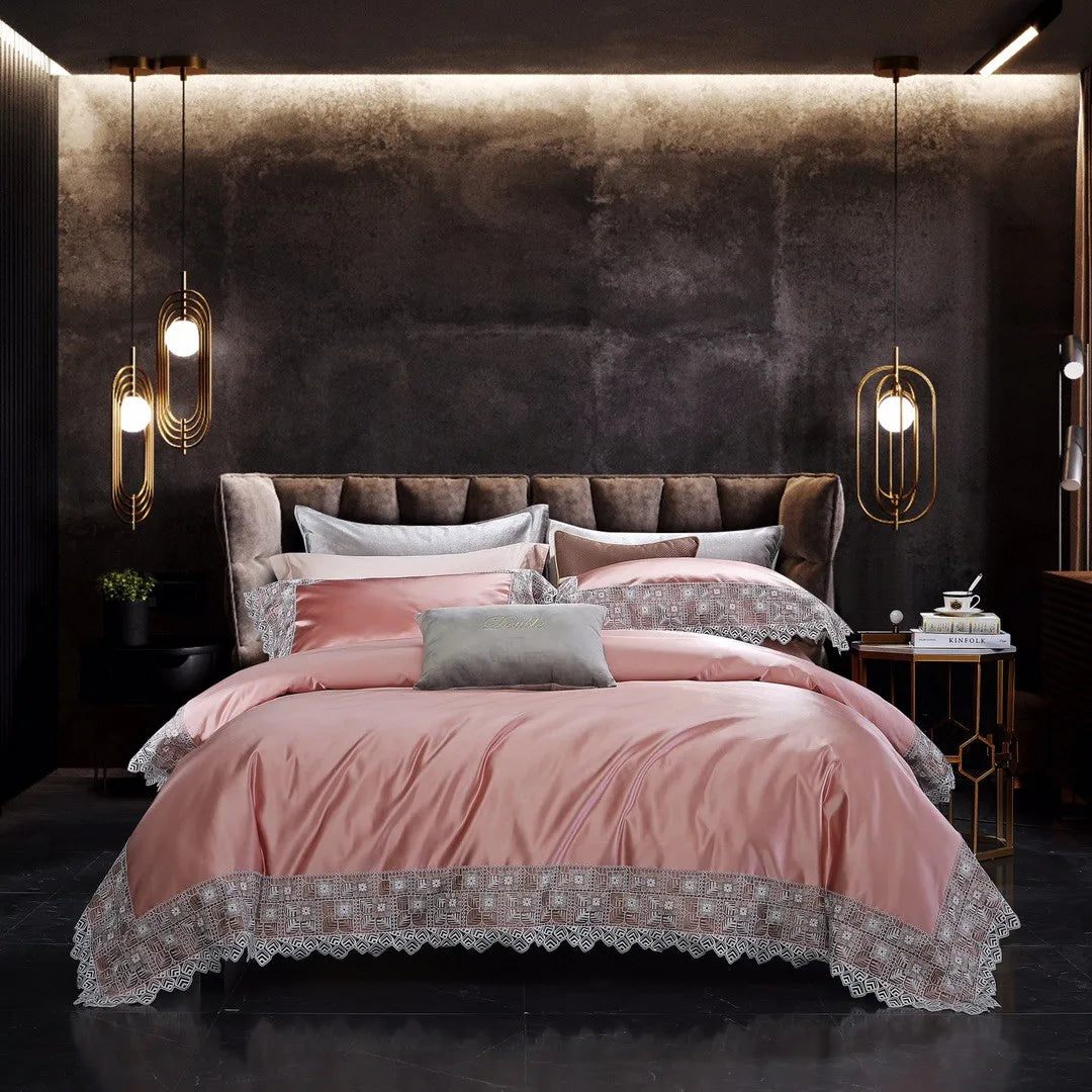 ODM/OEM European Style Luxury Lace Solid Quilt Comforter Cover 800T Cotton pink Bed Sheets 4-piece Bedding Set