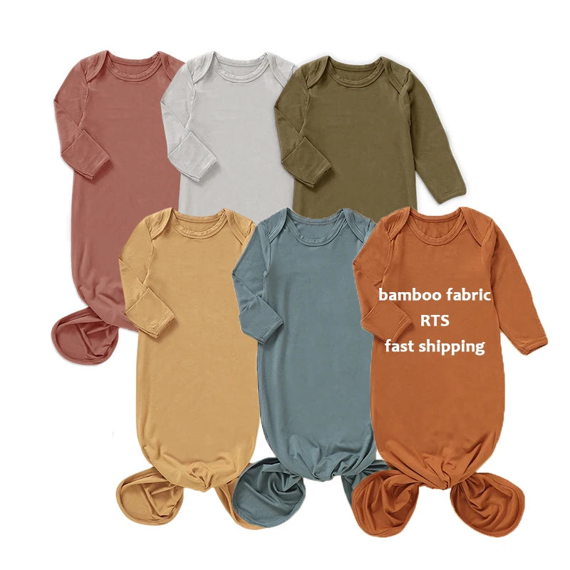 Fashion Solid Colors Infant Bamboo Spandex Baby Knotted Gown Long Sleeve Unisex Newborn Knotted Gown