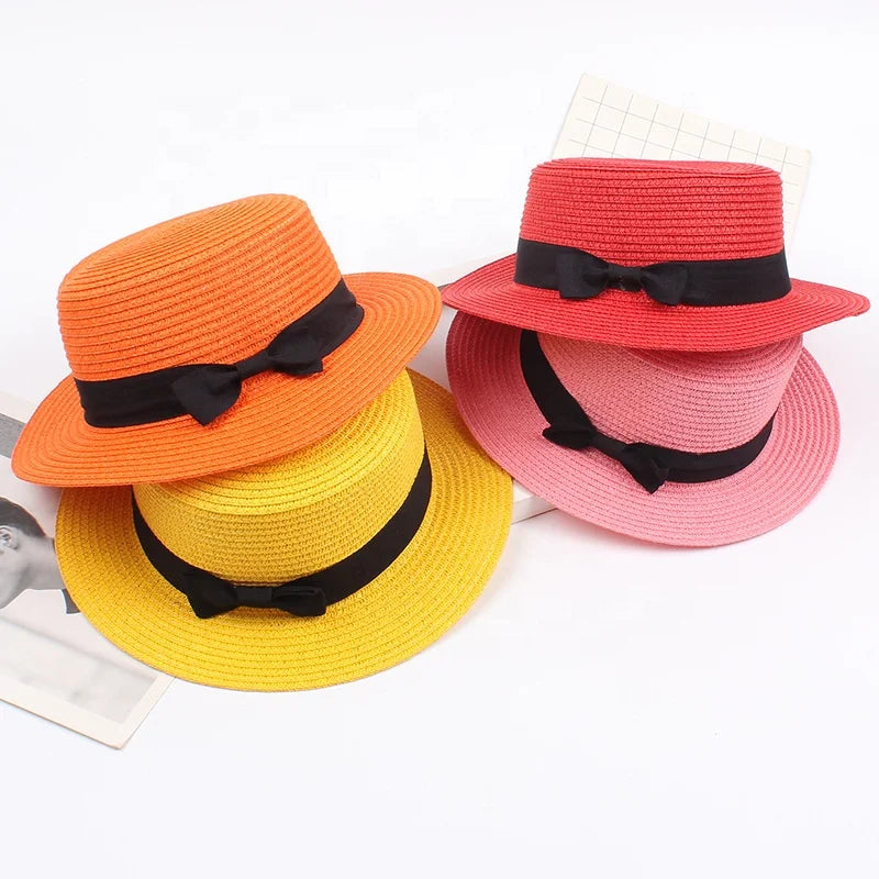 Wholesale Flat Top Boater Hat Summer Lady Sun Hat Paper Straw Hat