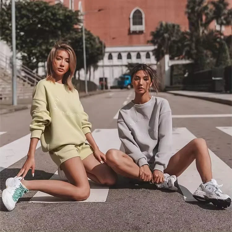 Custom logo Sweatshirt Women Wholesale Women Knitted Cotton Two Piece Summer Short Sets Casual Long Sleeve Women Set