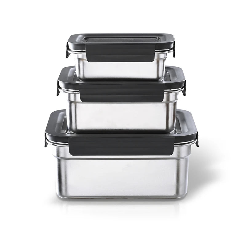 Classic Style 304 Stainless Steel Rectangle Bowl Set Plastic Lid 1000ml Capacity Microwave Dishwasher Safe Freezer Safe Crisper