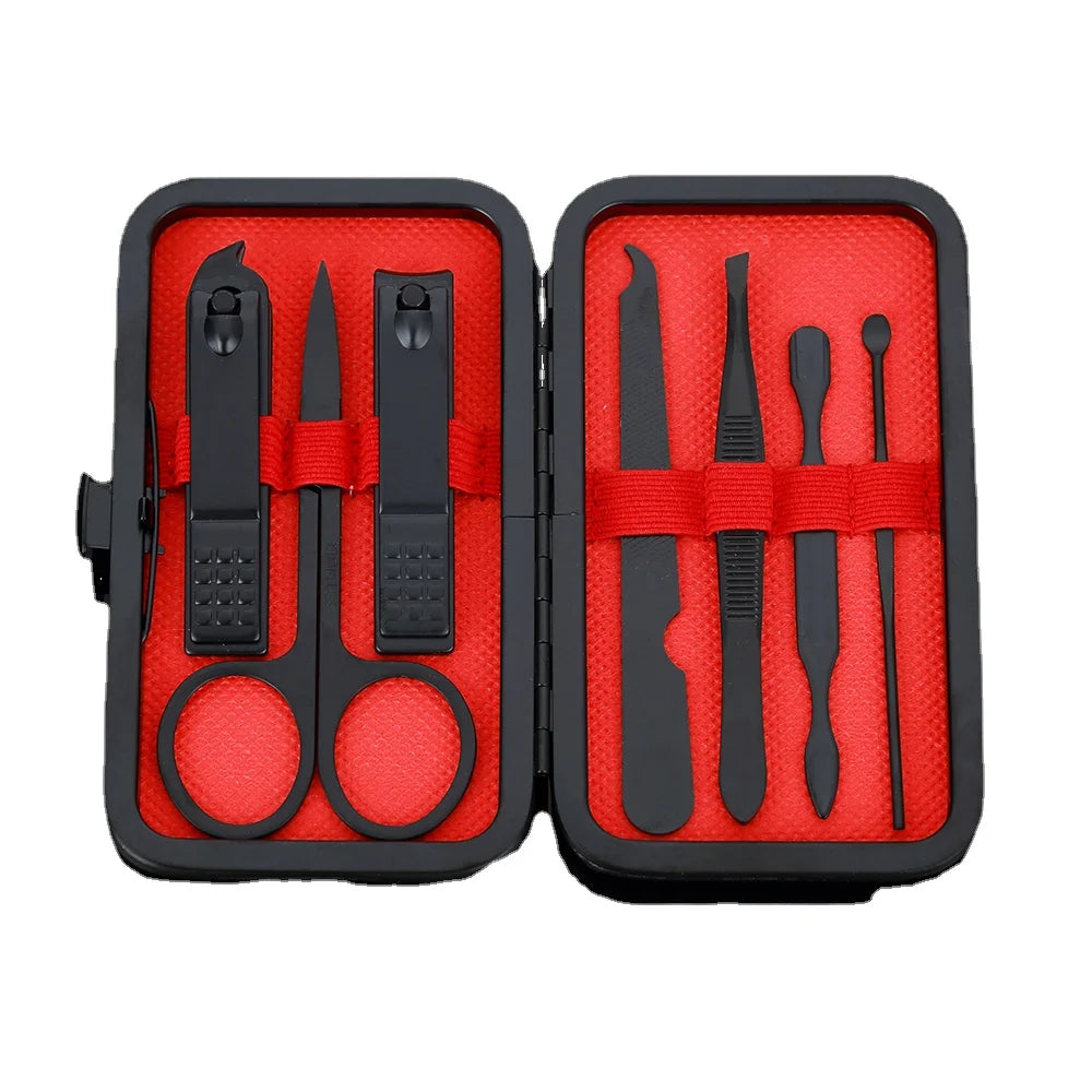 Hot Selling 7pcs Black Manicure and Pedicure Set Stainless Steel Cuticle Pusher Tool Personal Nail Care Kit with Clippers