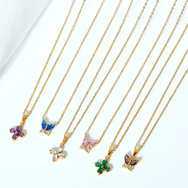 Women Customized Colorful Zircon Inlaid Butterfly Flower Necklace PVD Gold Plated Stainless Steel Rolo Chain Pendant Necklace