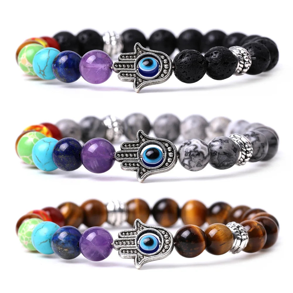 Geometric Shape Seven Chakras Lava Crystal Aura Therapy Bracelet with Hamsa Hand Stone Beads for Balance