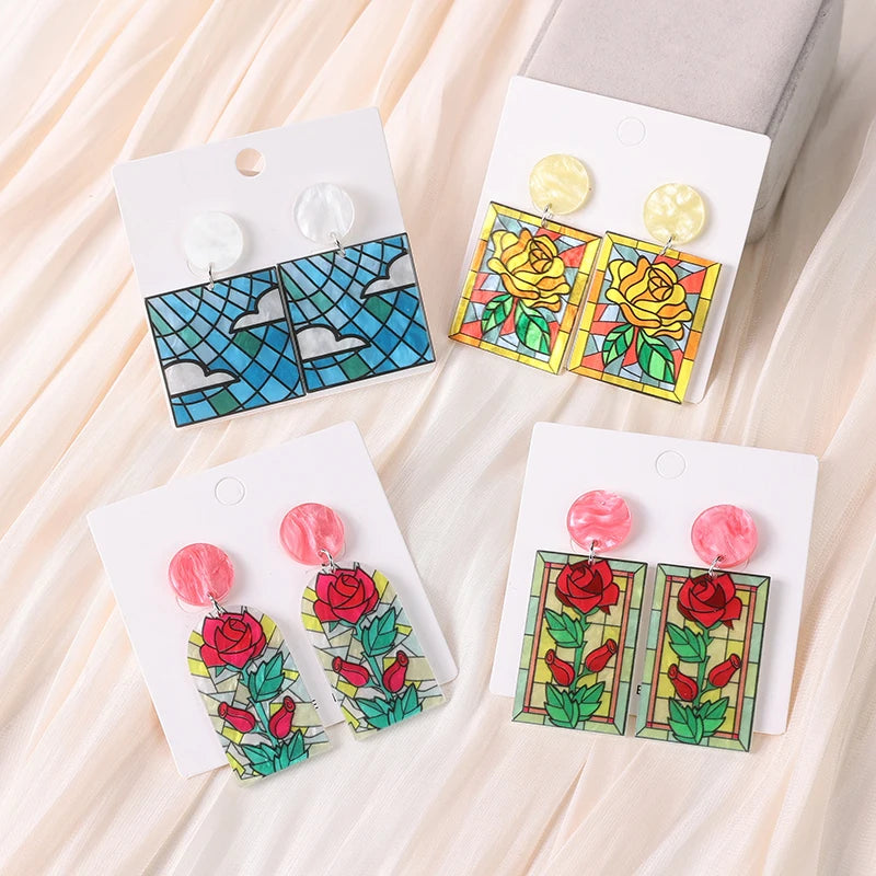 1Pair Painting Stud Earring Acrylic Colorful Flower Rose Cloud Crafts Fashion Jewelry for Girl and Women Gift