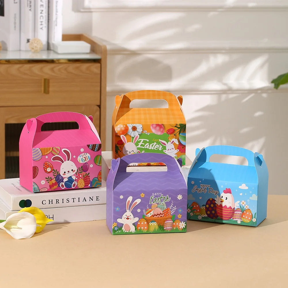 2024 Easter Party Gift Box with Cute Cartoon Paper Candy Packaging Folder Type with UV Coating Matt Lamination Embossed Handle
