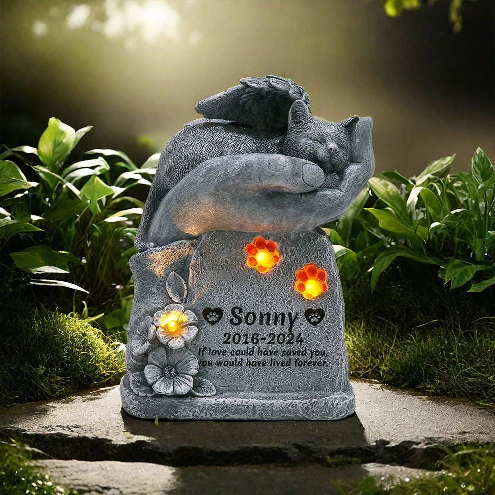Personalized 3D Resin Cat Memorial Statue Hand Angel Wing Design Solar Lights Custom Remembrance Artistry Garden Decorative