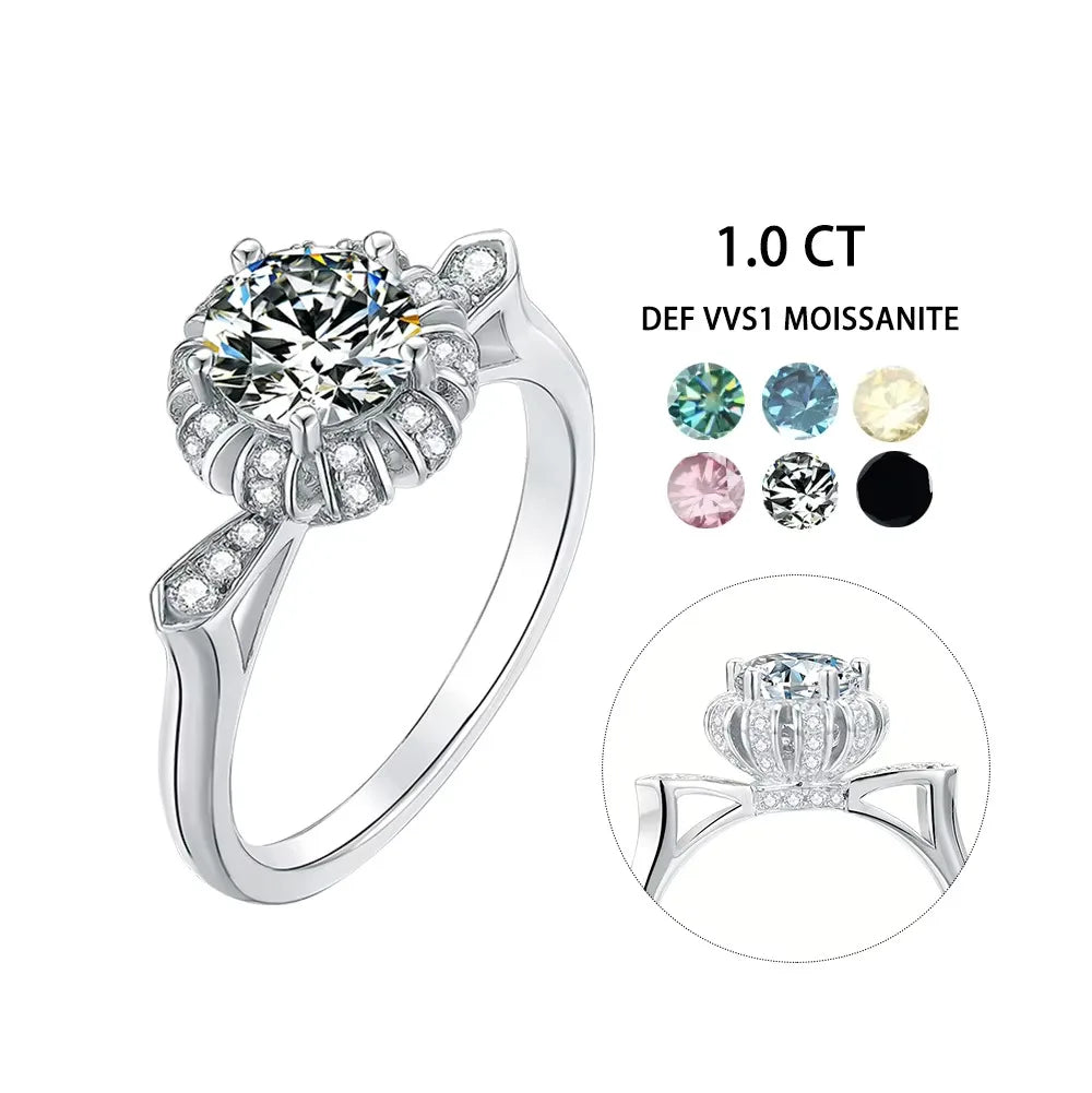 M44A Abiding Special Flower Pumpkin Collet 1 CT Moissanite Diamond Halo 925 Sterling Silver Engagement Ring