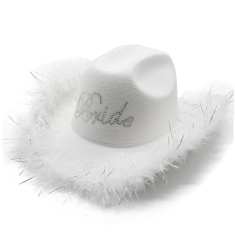 Wholesale Wide Brim Womens Cowboy Fedora Hats With Fluffy Feather Rhinestone Bride Wedding Party  Hats