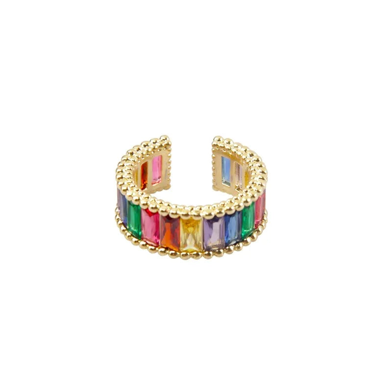 Hot Sale Adjustable 18K Gold Plated Band Ring Rainbow Iced Out Square Cubic Zirconia CZ Finger Rings Women Jewelry