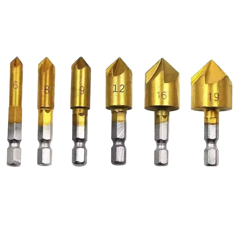 Portable 6 Pcs Hexagonal Handle Titanium Plated Five Edge Chamfering Knife Countersunk Drill 6-19mm Woodworking Spot Tool Set