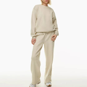 Women's Custom High Quality F230448 Fleece Light Yellow Pullover Straight Pants Set Thick Plush Workout Sweatsuits Long Casual
