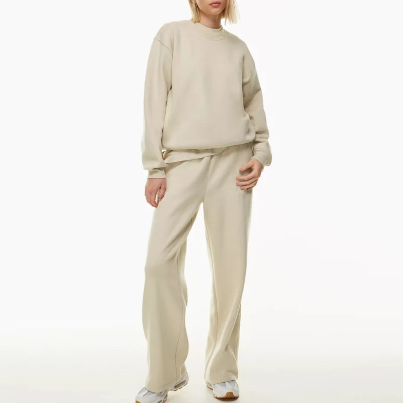 Women's Custom High Quality F230448 Fleece Light Yellow Pullover Straight Pants Set Thick Plush Workout Sweatsuits Long Casual