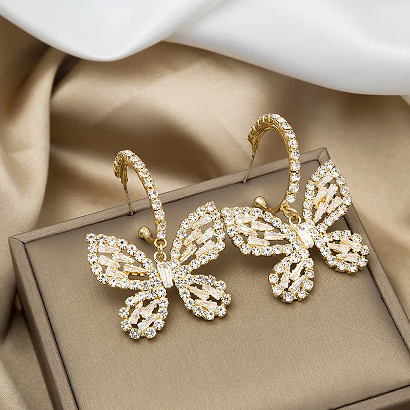 New Style Golden Butterfly Zircon Crystal Dangle Earrings for Women Rhinestone Weddings Party Jewelry Accessories