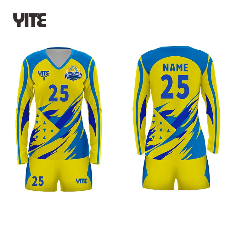 Custom Volleyball Uniforms Long Sleeve Yellow Blue Volleyball Uniforms Designs for Women