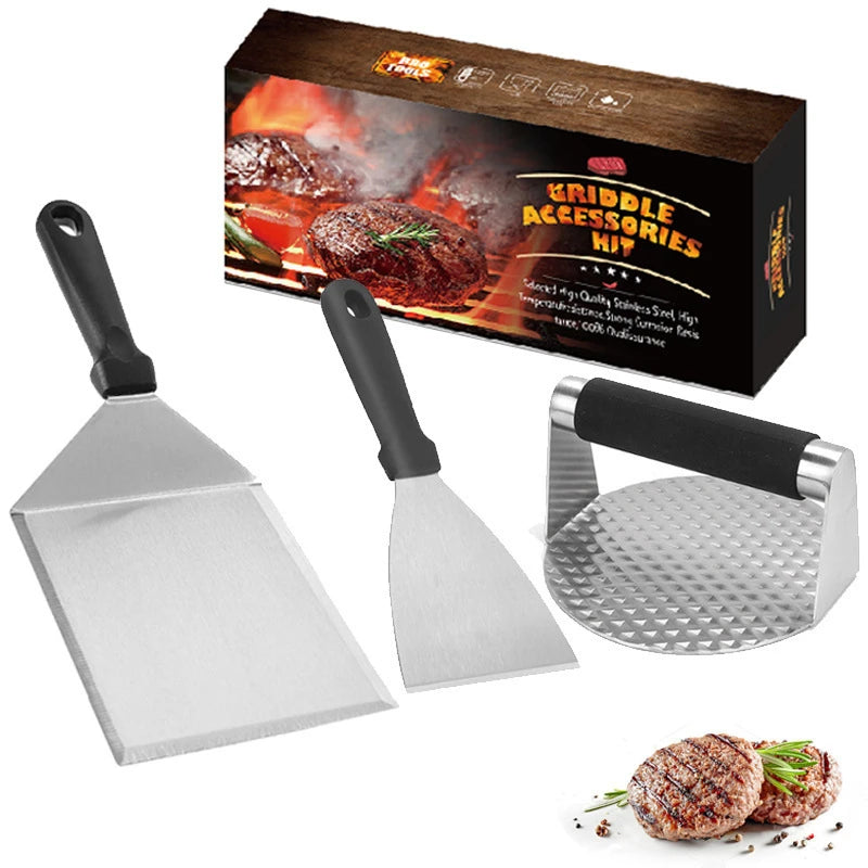 Manjia Flat Top Grill Tool Hamburger Press Stainless Steel Burger Smasher Kit Set BBQ Spatula Melting Dome Smash Burger Press