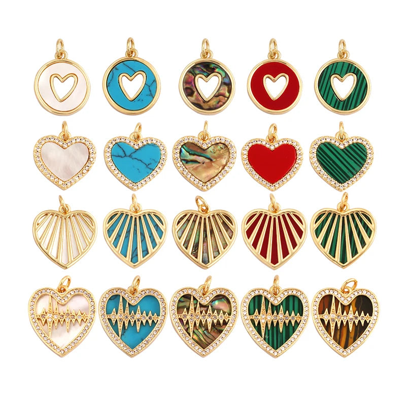 Trendy Design Love Heart Natural Mother of Pearl Shell Agate Malachite Tiger Eye Pendant CharmJewelry for Necklace Supplies M32