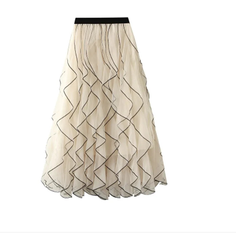 New Design Elegant Ladies Long Skirts Flower Net Stitching Women Luxury Mid-Length Solid Color Skirt